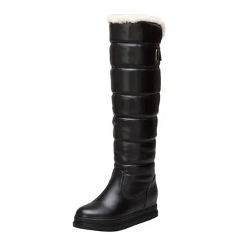 

Russia winter boots women warm knee high boots round toe down fur ladies fashion thigh snow boots shoes black waterproof botas
