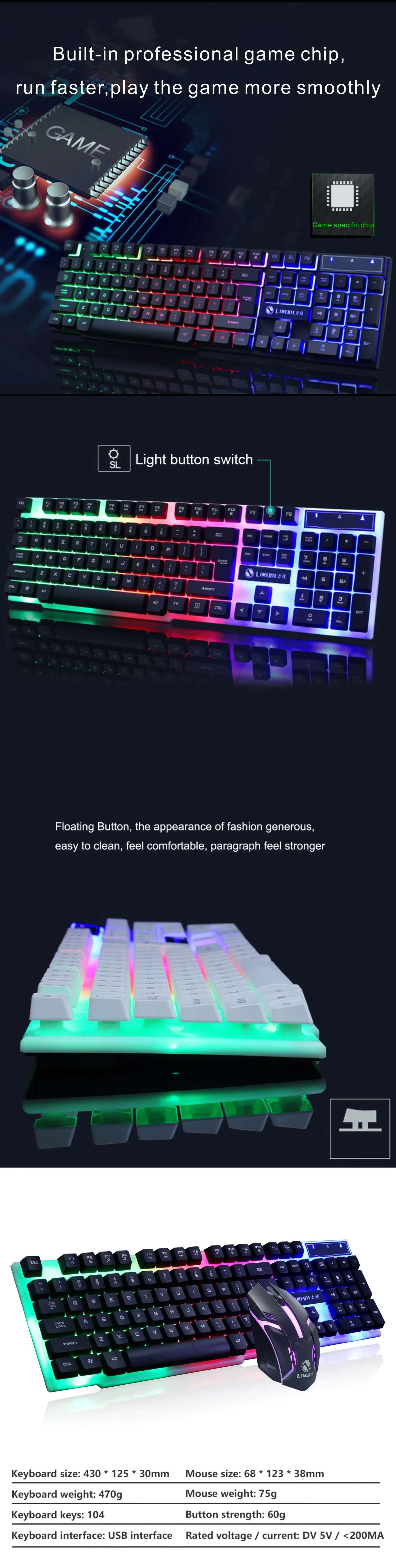 Gaming Keyboard and Mouse Set Gamer Mouse Keyboard Combo Kit LED luminous Backlit USB Wired Mouse and Keyboard For Desktop PC