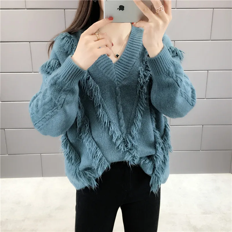 2019 Autumn New Korean Women's Swearter V-neck Solid Color Pullover Sweaters Female Lazy Style Tassel Knitwear Bottoming Shirt
2019 Autumn New Korean Women's Swearter V-neck Solid Color Pullover Sweaters Female Lazy Style Tassel Knitwear Bottoming Shirt