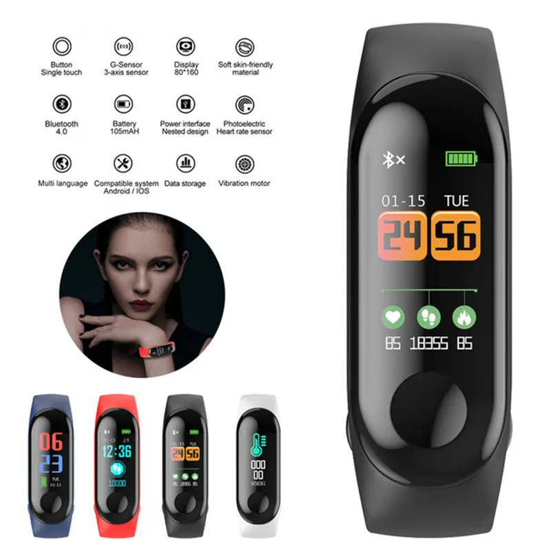 

2020Smart Wristband Bracelet M3C 0.78" OLED Touch Color Screen Heart Rate Blood Pressure Monitor Waterproof vs Band 3 Band3