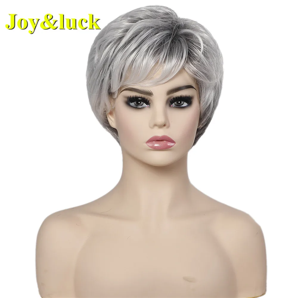 

Joy&luck Short Wigs Black Ombre Grey Color Straight Synthetic Wigs for Women Cosplay Or Daily Use Hair Wigs