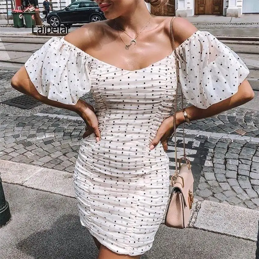 Women Elegant Slim Fit V Neck Polka Dots Short Puff Sleeve Back Zipper Female 2021 Casual Stylish Sheath Dresses
Women Elegant Slim Fit V Neck Polka Dots Short Puff Sleeve Back Zipper Female 2021 Casual Stylish Sheath Dresses