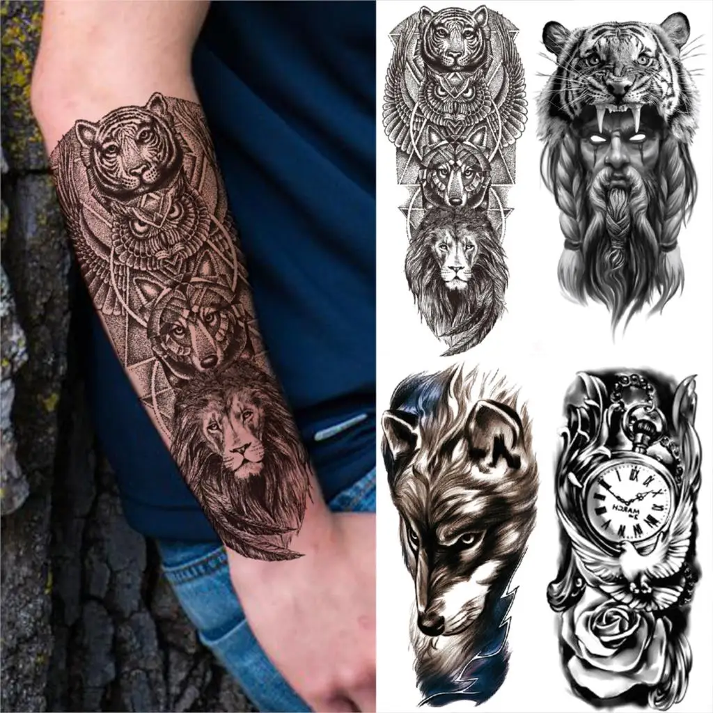 Временные татуировки для мужчин тигр демон волк имитация предплечья Лев точка