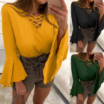 Women V-Neck Flare Sleeve Chiffon Blouse Solid Color Ladies Shirts Autumn Casual Loose Plus Size Tops
Women V-Neck Flare Sleeve Chiffon Blouse Solid Color Ladies Shirts Autumn Casual Loose Plus Size Tops