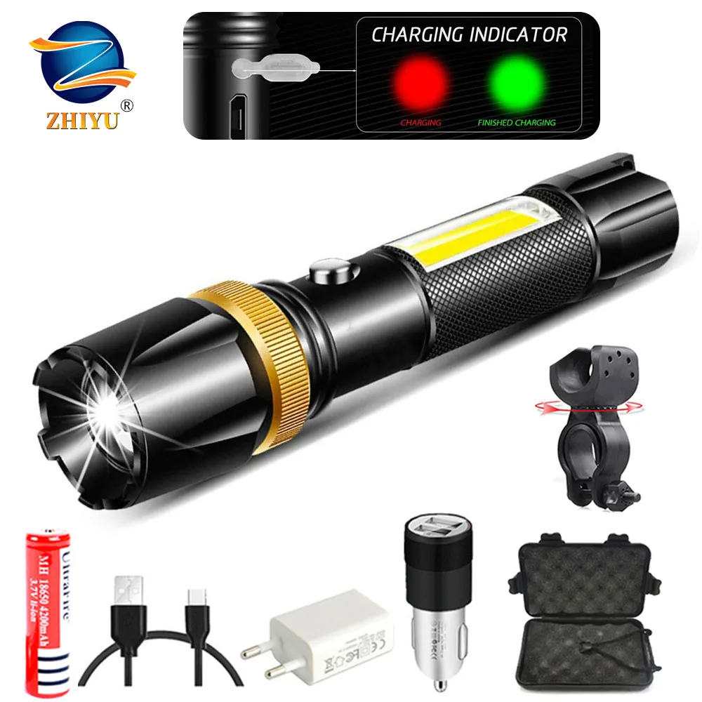 ZHIYU Powerful LED Flashlight L2/T6 COB LED Torch USB Rechargeable Flashlight Waterproof Torch Use USB Cable Use 18650 Battery
ZHIYU Powerful LED Flashlight L2/T6 COB LED Torch USB Rechargeable Flashlight Waterproof Torch Use USB Cable Use 18650 Battery