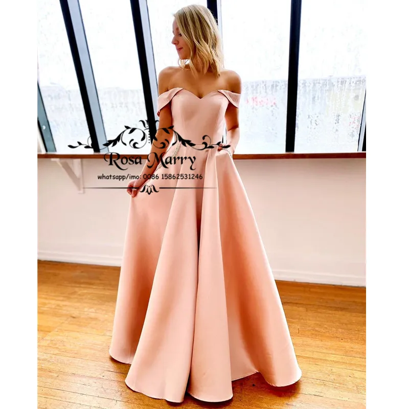 Sexy Off Shoulder Cheap Long Prom Dresses 2020 A Line Plus Size Simple Satin Girls Junior Formal Evening Party Gowns with Pocket | Свадьбы и