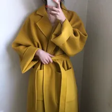 Otoño Invierno mujer Retro mezcla de lana sobretodo amarillo británico gráficos largo Trench Coat de talla grande Office abrigos para mujer 2019(China)
