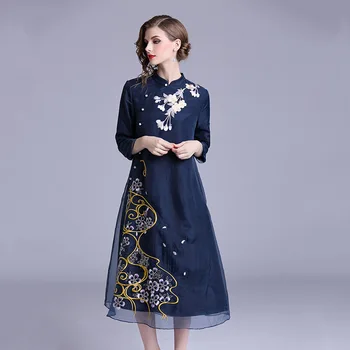 ougen yarn mid long dress 2018 new embroidered improved cheongsam loose and irregular nine point sleeve dress for women 
ougen yarn mid long dress 2018 new embroidered improved cheongsam loose and irregular nine point sleeve dress for women