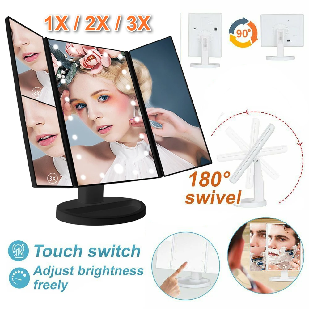 Makeup Vanity LED Mirror 2X 3X Magnifying Dimmable 22 LED Desk Mirror Adjustable 180 Rotation Touch Screen Portable Tri-Fold New
Makeup Vanity LED Mirror 2X 3X Magnifying Dimmable 22 LED Desk Mirror Adjustable 180 Rotation Touch Screen Portable Tri-Fold New