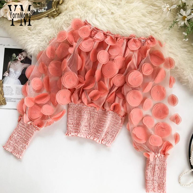 YornMona Romantic Flower Decoration Pink Blouse Shirt Women Elegant Off Shoulder Top Transparent Ladies Puff Sleeve Crop Top
YornMona Romantic Flower Decoration Pink Blouse Shirt Women Elegant Off Shoulder Top Transparent Ladies Puff Sleeve Crop Top