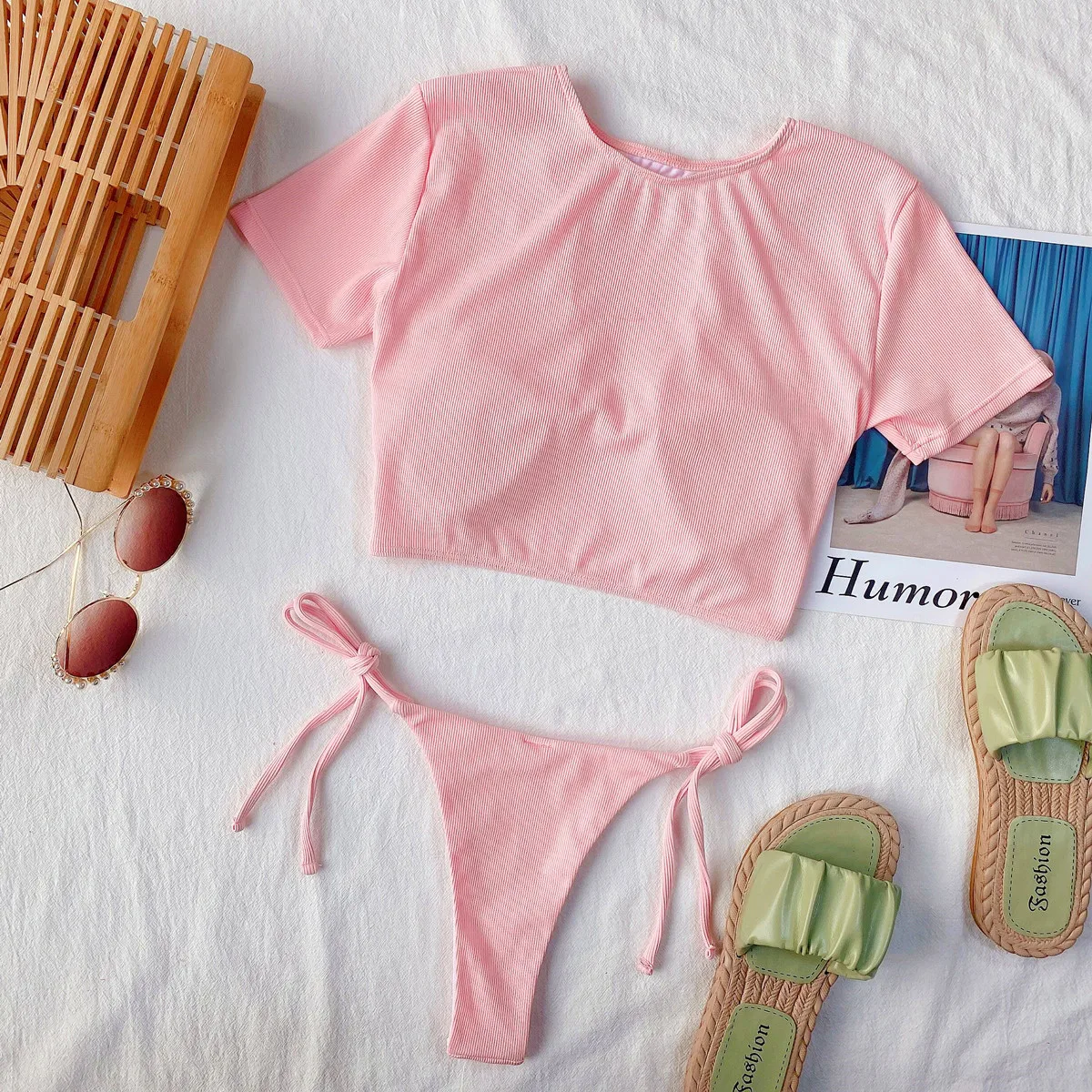 Vigorashely Sexy Pink Hollowed High Neck Bikini Set 2023 Short Sleeve Swimsuit Women Push Up Swimwear Tied Bottom Bathing Suit Vigorashely Sexy Pink Hollowed High Neck Bikini Set 2023 Short Sleeve Swimsuit Women Push Up Swimwear Tied Bottom Bathing Suit
