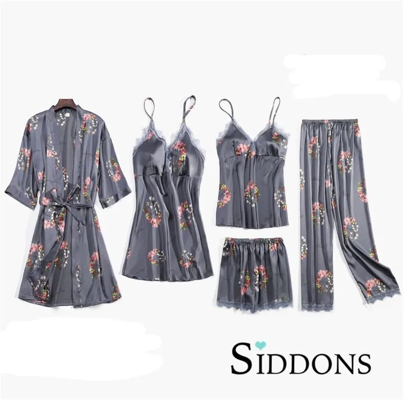 Siddons Women 5PCS Satin Sleepwear Pijama Silk Home Wear Home Clothing Embroidery Lounge Pyjama Robe and Nightgown Set 
Siddons Women 5PCS Satin Sleepwear Pijama Silk Home Wear Home Clothing Embroidery Lounge Pyjama Robe and Nightgown Set