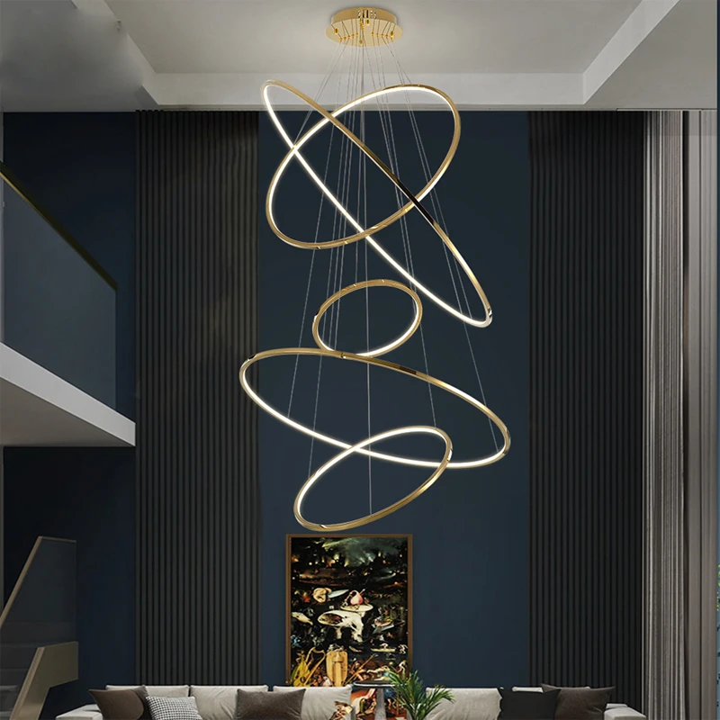 

Modern ring led chandelier for staircase luxury living room gold hanging light fixture long villa hallway lobby decor hang lamp