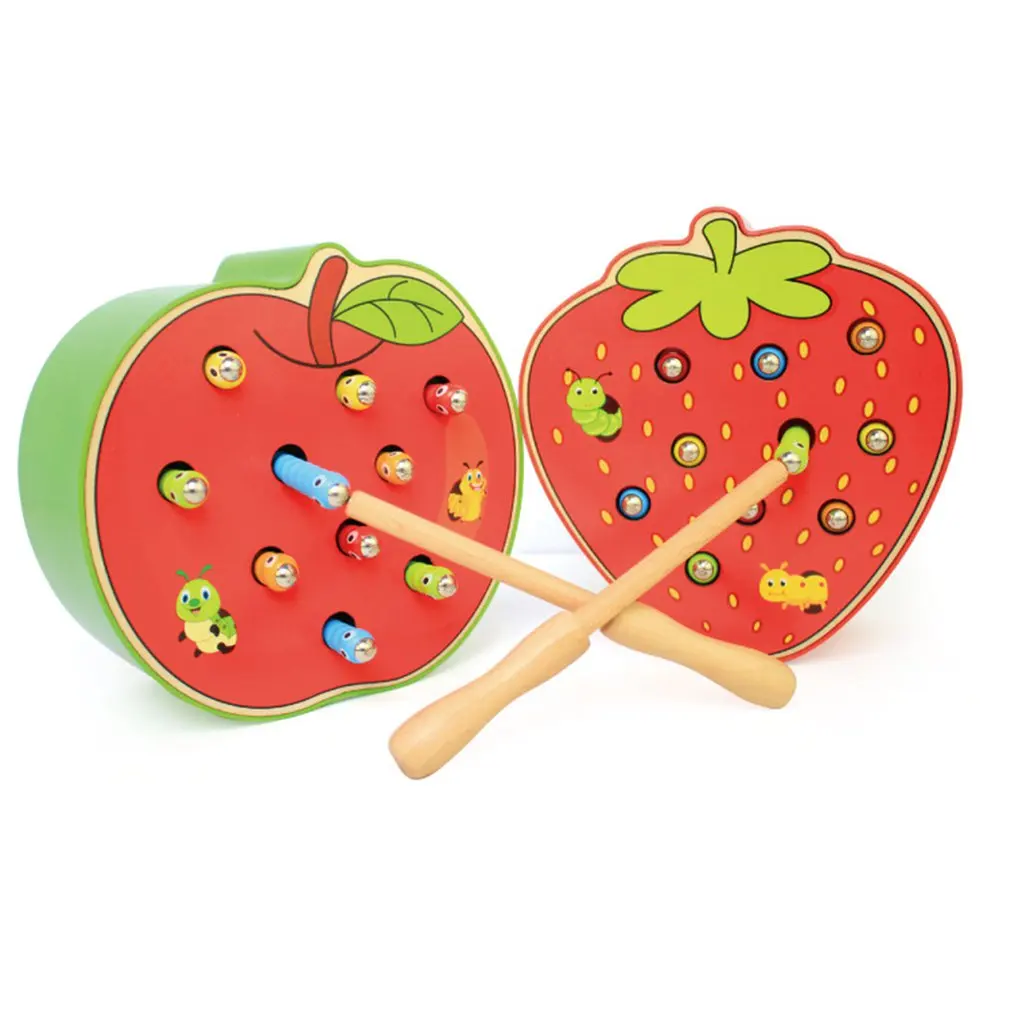 Apple клубника Детские деревянные игрушки Ловля Червей игры с магнитной палкой