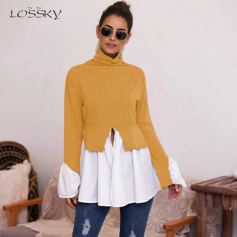 Lossky Shirts Women Top Long Sleeve Patchwork Blouse Autumn Turntlenck Clothing Front Slit Irregular Red Ladies Tunic Streetwear
Lossky Shirts Women Top Long Sleeve Patchwork Blouse Autumn Turntlenck Clothing Front Slit Irregular Red Ladies Tunic Streetwear