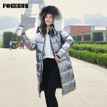 

FORERUN Big Fur Hooded Jacket Women Winter Long Coat Women Letter Casual Parka Thicken Cotton Padded Jackets Chaqueta Mujer 2019