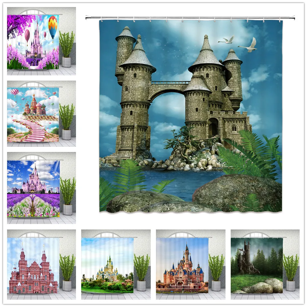 

Castle Shower Curtains Fairy Tale Building Balloon Garden Flowers Bathroom Decor Home Bathtub Waterproof Polyester Curtain Set