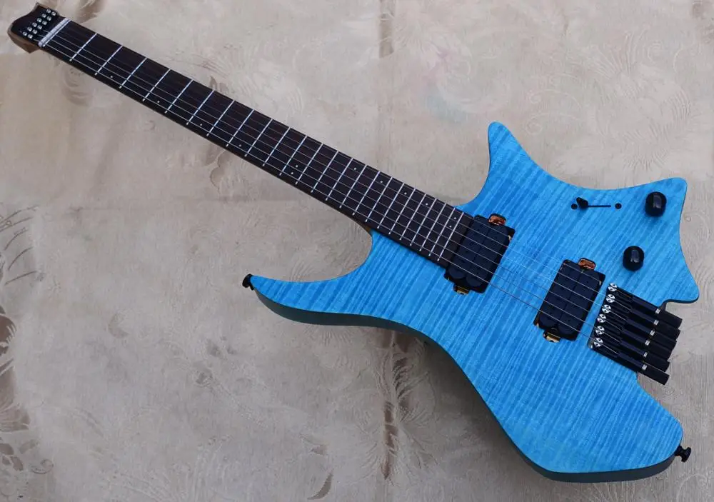 Фото 2020 NK безголовая электрическая гитара синего цвета со стеганым кленовым шпоном и