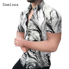 

Samlona Plus Size Men Elegant Shirt Blouses Fashion Stripes Tops Short Sleeve Male Casual Shirt blusas Sexy Mens Clothing 2021