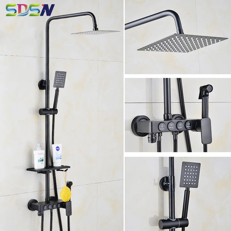 Four Functions Bathroom Shower Faucet Waterfall Showering System Black Brass Set Mixer with Bidet Delicate | Обустройство дома