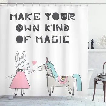 Nursery Shower Curtain, Bunny in a Dress with Unicorn in Scandinavian Style and Motivational Magic Words, Cloth Fabric Bathroom
Nursery Shower Curtain, Bunny in a Dress with Unicorn in Scandinavian Style and Motivational Magic Words, Cloth Fabric Bathroom