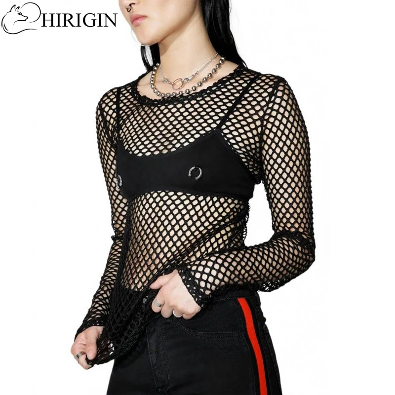 

Hot Summer Womens Fishnet Exposed Loose Sheer Mesh Tops Hipsters Vintage Gothic Casual Tops T Shirt Fishnet Long Sleeve T-Shirt