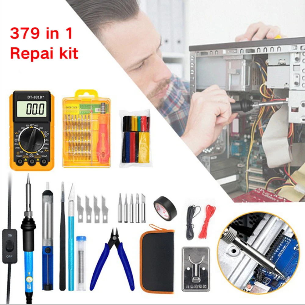 379 In 1 Temperature Adjustable Electric Soldering Iron Tool kit Desoldering Pump Welding Tips Handle Tool Sets With Multimeter
379 In 1 Temperature Adjustable Electric Soldering Iron Tool kit Desoldering Pump Welding Tips Handle Tool Sets With Multimeter