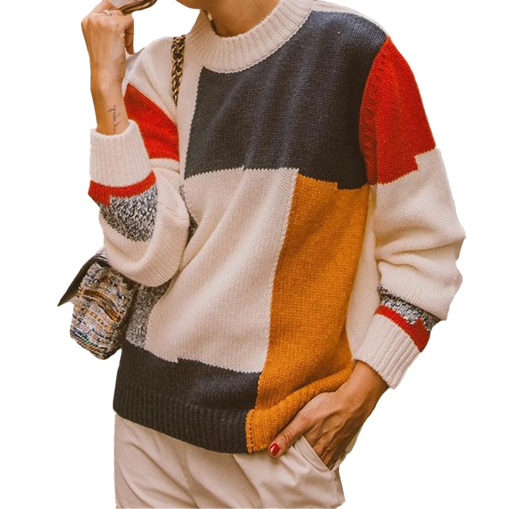 New Loose Ladies Sweater Personality Plaid Stitching Round Neck Sweater Autumn and Winter Casual Long-Sleeved Pullover Sweater
New Loose Ladies Sweater Personality Plaid Stitching Round Neck Sweater Autumn and Winter Casual Long-Sleeved Pullover Sweater