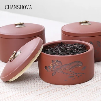 

CHANSHOVA Purple Clay tea caddy Sealed against moisture 700ml tea storage container Chinese retro style ceramic tea box