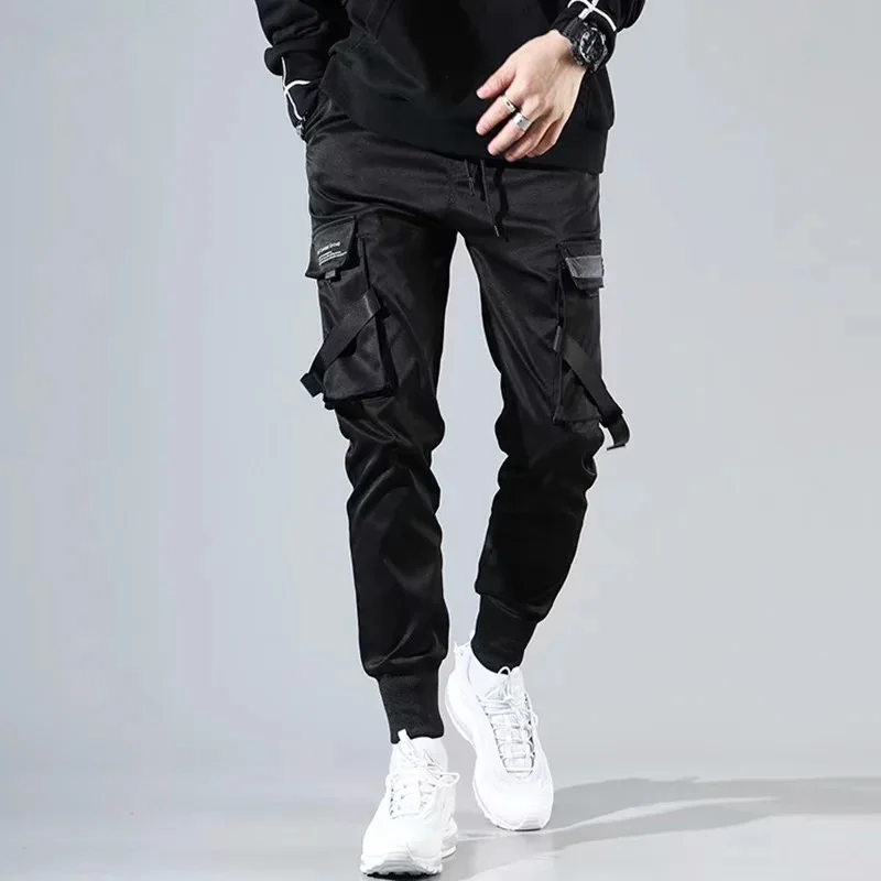 Men Hip Hop Black Cargo Pants Ribbons HaremJoggers Streetwear Hip Hop Casual Pockets Track Pants Male Trousers