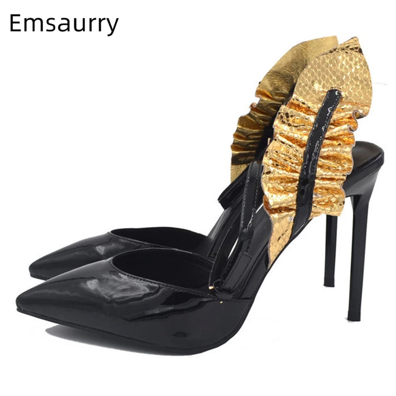 Gold Ruffles Gladiator Sandals Women Stiletto Heel Back Strap Pointed Toe Cover Toes Patent Leather Catwalk Sandalias Mujer
Gold Ruffles Gladiator Sandals Women Stiletto Heel Back Strap Pointed Toe Cover Toes Patent Leather Catwalk Sandalias Mujer