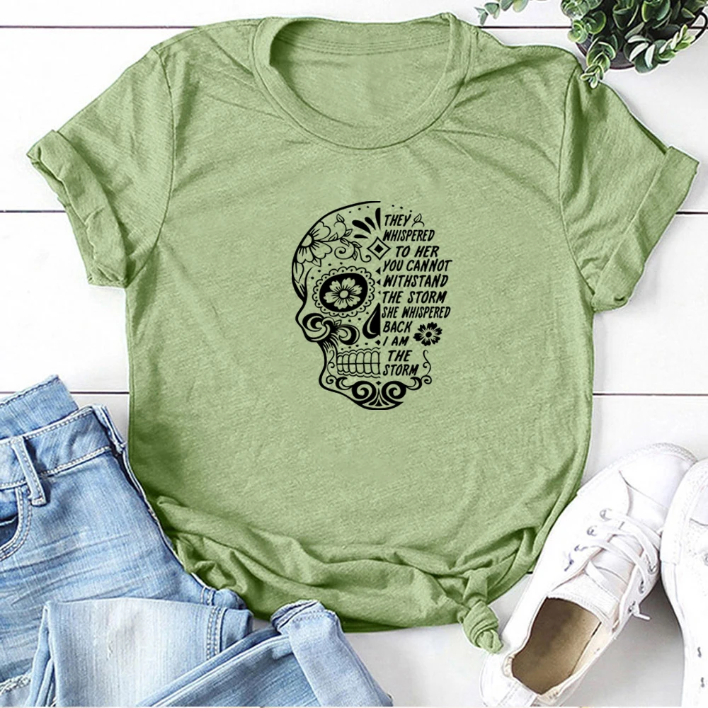 FREE SHIPPING They Whispered To Her Skull Flowers Printing T-shirts JKP47