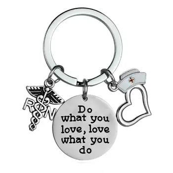 

12PC Engraved Words Do What You Love Keychains Stainless Steel Keyrings RN Nurse Cap Pendant Friends Inspirational Jewelry Gifts