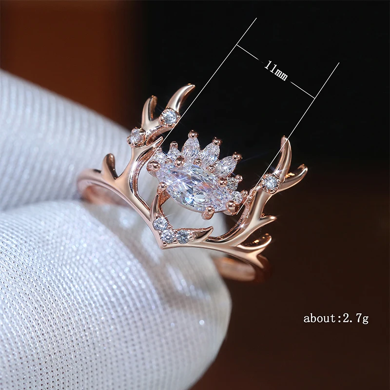 Waliicorners Elk Women Ring Rose Gold Color Cute Antler Crystal Zirconia Christmas Party Present Rings 6 H12aa6f6529a4448a874d8a47ea96395c1