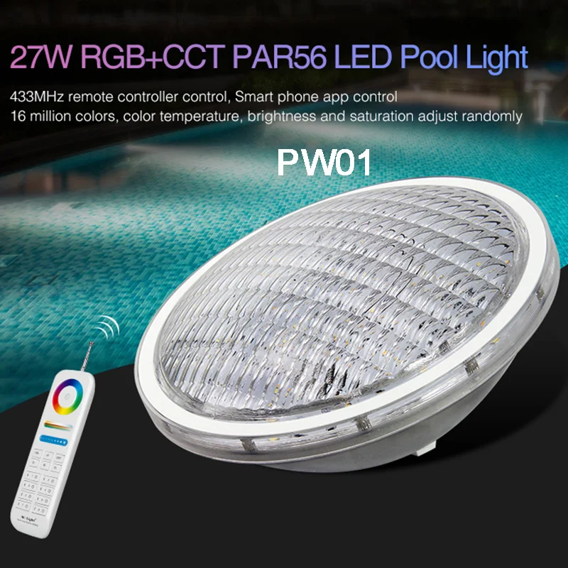 Miboxer 27W RGB+CCT PAR56 LED Pool Light AC12V/DC12-24V IP68 underwater lamp;FUT086 8-Zone 433MHz Remote Controller
Miboxer 27W RGB+CCT PAR56 LED Pool Light AC12V/DC12-24V IP68 underwater lamp;FUT086 8-Zone 433MHz Remote Controller