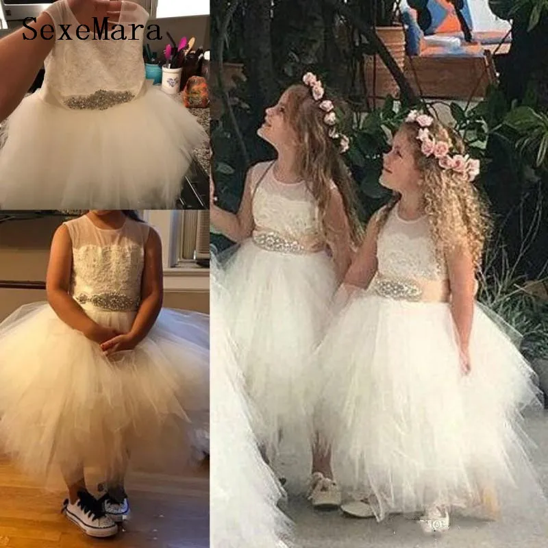 

New Puffy Tulle Flower Girls Dresses Jewel Sheer Neckline Sash Beads Sequins First Communion Dress Kids Birthday Gown