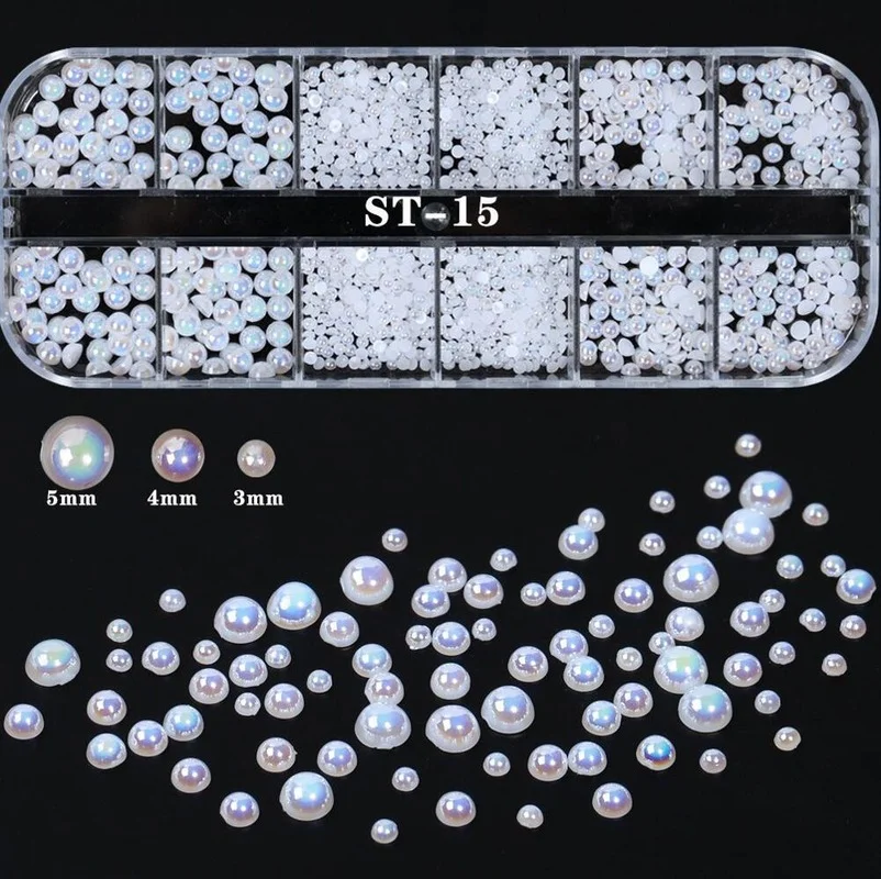 

12 Grids/Box 3D White AB Semicircle-Pearl Petal Flowers Arylic Bow Tie Nail Art Rhinestone Gems Decorations Manicure DIY Tips