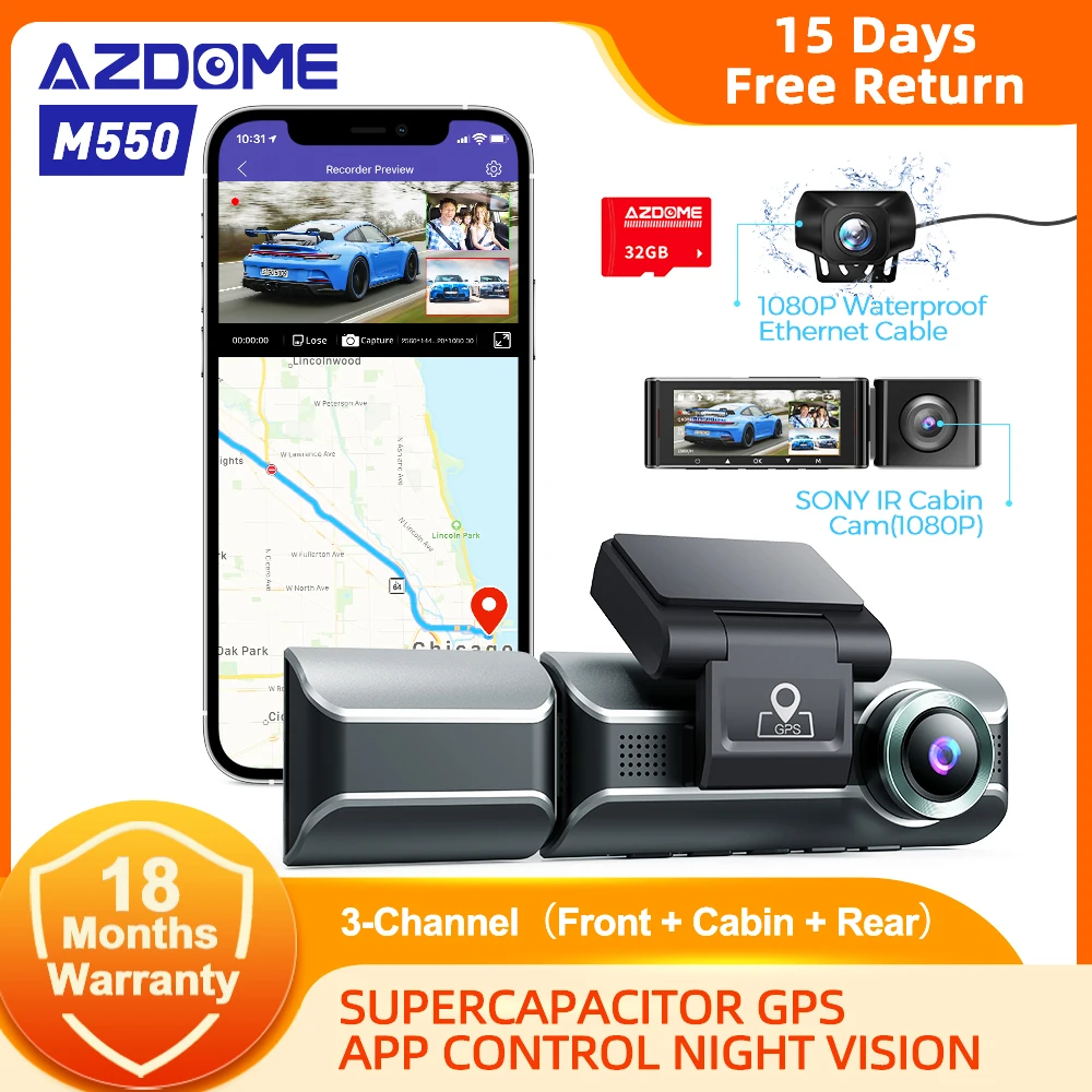 AZDOME 3 Channel Dash Cam M550 Front Inside Rear Three Way Car DVR 4K+1080P WDR Built in GPS WiFi IR Night Vision With 64G Card |