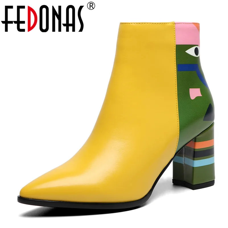 

FEDONAS 2023 Fashion Brand Women Ankle Boots Print High Heels Ladies Shoes Woman Party Dancing Pumps Basic Leather Boots