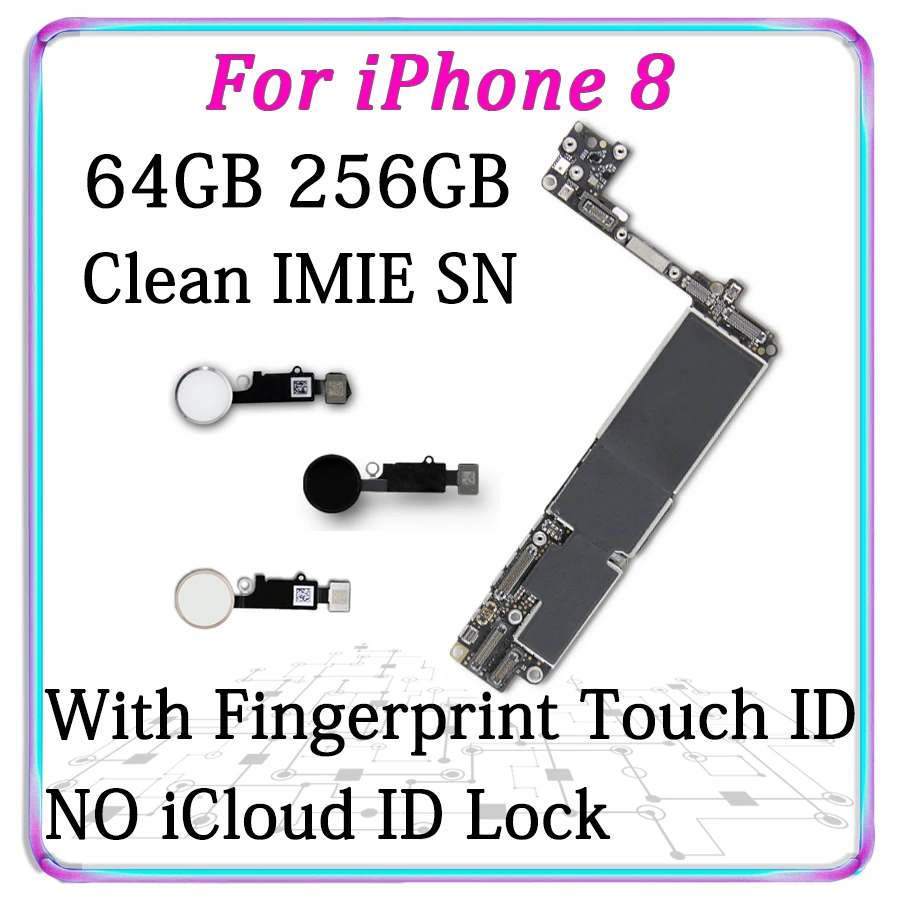 64GB 256GB Original Motherboard For iPhone 8 Unlocked Mainboard For Free iCloud IOS Logic board With Fingerprint Home Button