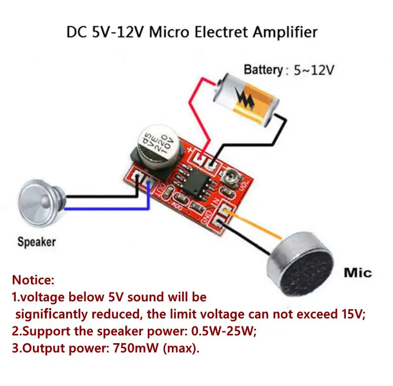 DC 5 В-12 в микроэлектрический усилитель микрофон конденсаторный мини-микрофон