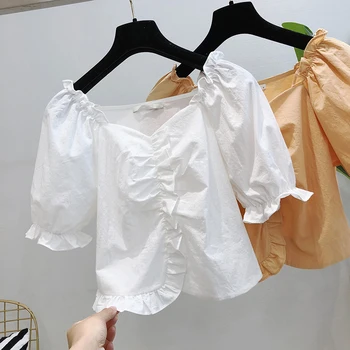 square collar ruffles solid women blouse 2020 summer new short-sleeved short high waist office lady elegant pulls tops
square collar ruffles solid women blouse 2020 summer new short-sleeved short high waist office lady elegant pulls tops