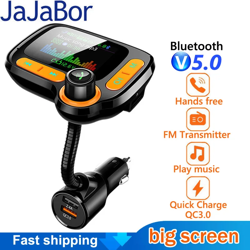 

JaJaBor Bluetooth 5.0 Car Kit Handsfree FM Transmitter AUX Audio Receiver Quick Charge QC3.0 Support TF card / U Disk Playback