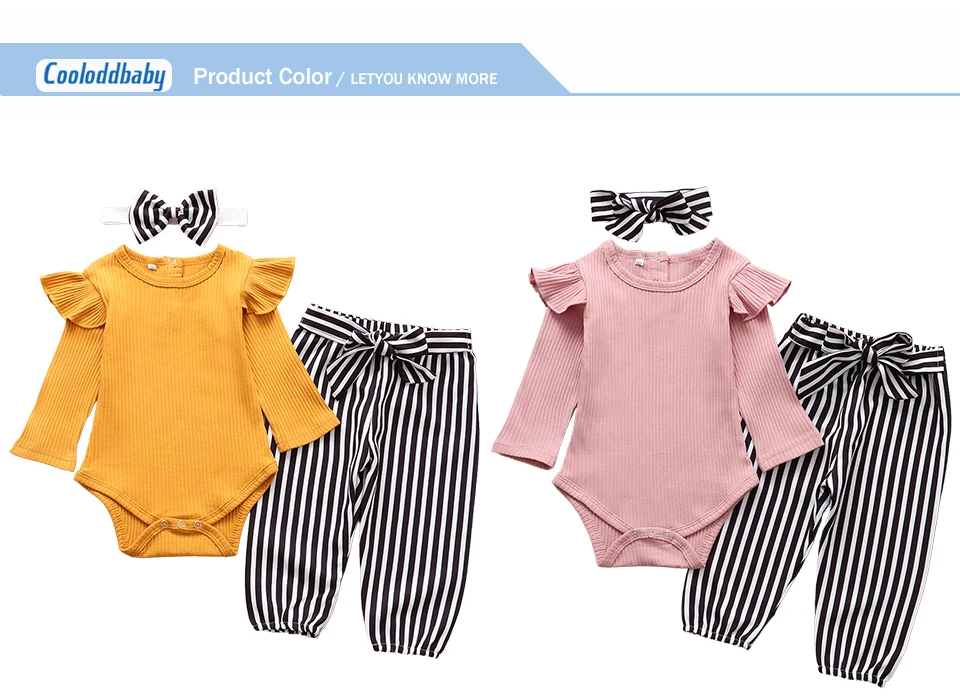 Newborn Baby Girl Clothes Set Fashion Autumn Long Sleeve Solid Color Romper Tops Stripe Pants Headband Infant Clothing Outfits