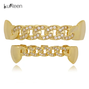 

LuReen Cuban Link Shape Teeth Grillz Hollow Iced Out Chain Grills Gold Silver Color Vampire Fangs Tooth Caps Hip Hop Jewelry