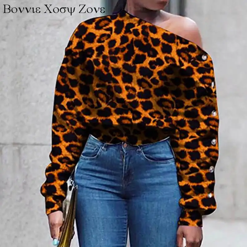 

Women Autumn Long Sleeve Skew Neck Leopard Print Buttoned Blouse