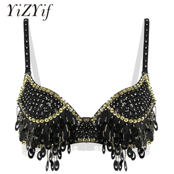 

Womens Sexy Bras Dancewear Sparkly Beaded Sequin Tassels Push up Underwired Bra Top Rave Dance Club Wear Belly Dancing Costume