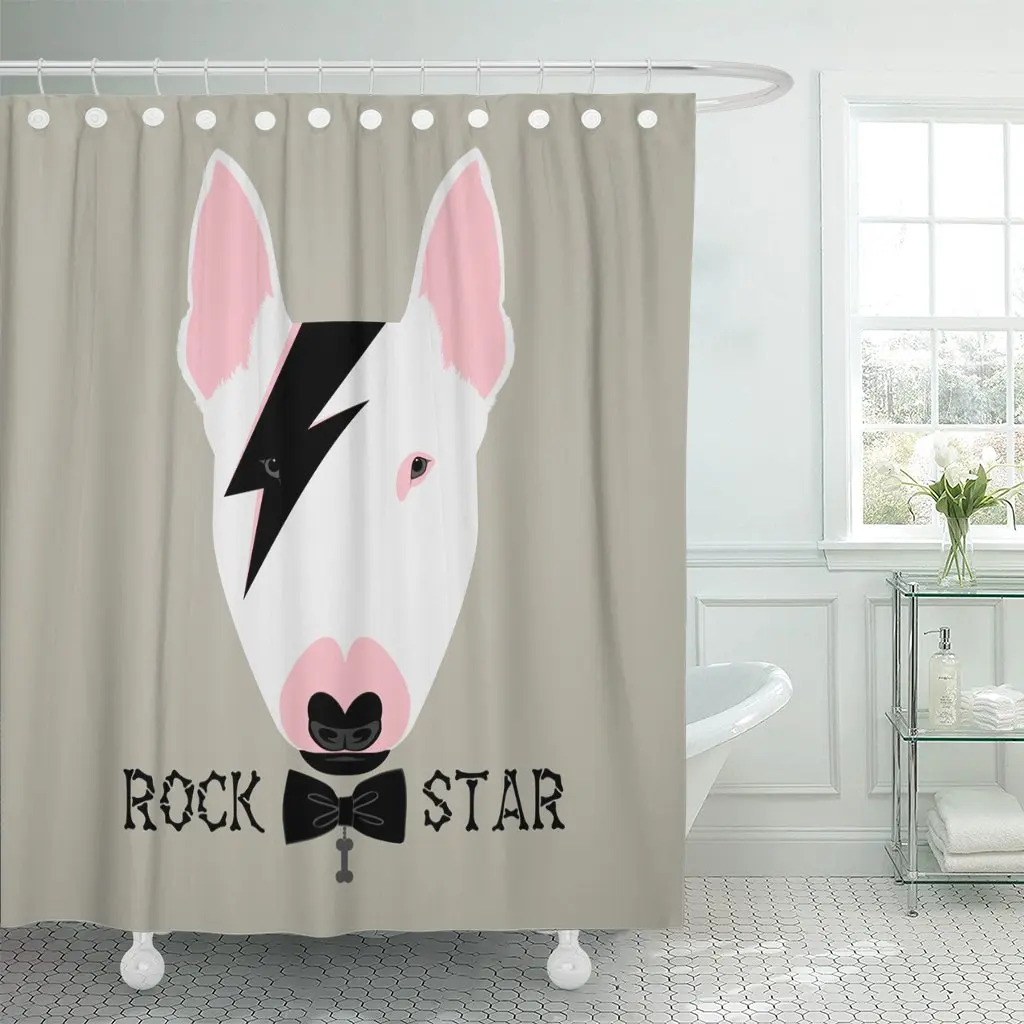 

Funny Portrait of Dog Rockstar Bullterrier Animal Shower Curtain Polyester 72 x 72 Inches Set with Hooks