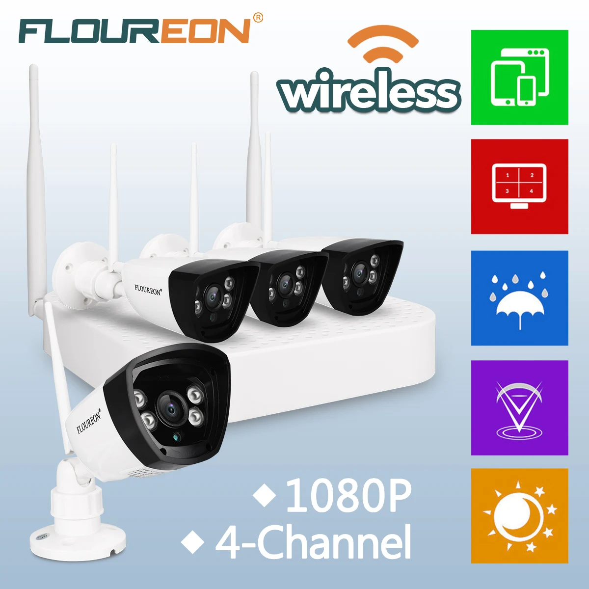 

Floureon 4CH Wireless CCTV 1080P DVR Kit Outdoor Wifi WLAN 720P 1.0MP IP Camera Security Video Recorder NVR System EU