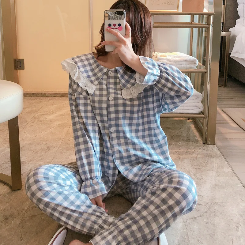 Pajamas Women's Spring And Autumn Pure Cotton Long Sleeve Princess Style Korean-style Cardigan Two-Piece Set Fresh Shirt Plaid T
Pajamas Women's Spring And Autumn Pure Cotton Long Sleeve Princess Style Korean-style Cardigan Two-Piece Set Fresh Shirt Plaid T